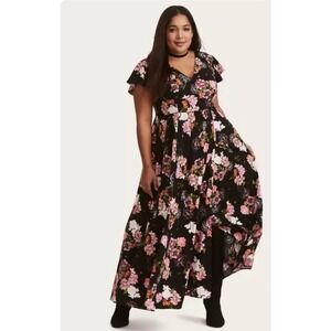 Torrid Black Floral Challis Maxi Dress Car Wash Slit Flutter Sleeve V-Neck 18/20